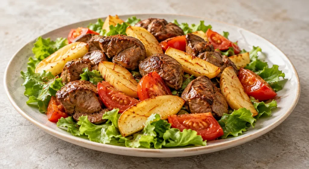 Тёплый салат с куриной печенью, помидорами и яблоками